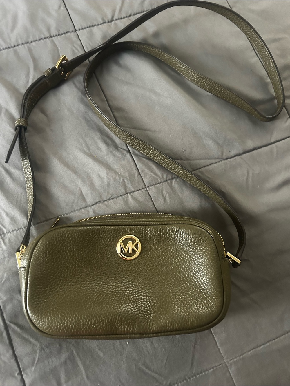 Michael Kors Olive Pebbled Leather Crossbody with Gold MK Accent